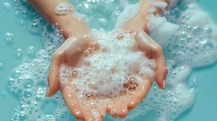 Fototapeta premium On a light blue background, hands are bathed in soap foam