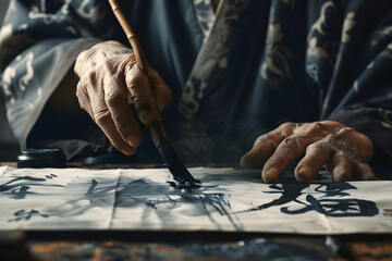 a calligrapher's hands gracefully wielding a brush to create elegant strokes of ink on paper, each character a testament to patience and practice - obrazy, fototapety, plakaty