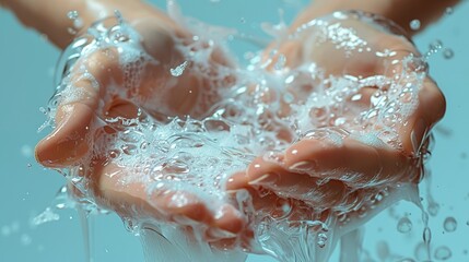 Fototapeta premium On a light blue background, hands are bathed in soap foam