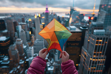 a child's hands flying a colorful kite against the backdrop of a city skyline, the laughter and excitement of summer play echoing through the streets