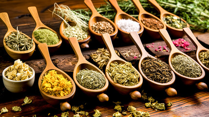 A wooden table with a variety of spices and herbs in small bowls.