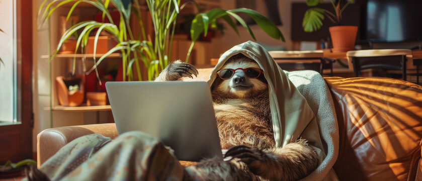 This real-life photograph captures a sloth interwoven with cozy home textiles while working on a laptop, evoking a comfy, domestic vibe perfect for modern lifestyles