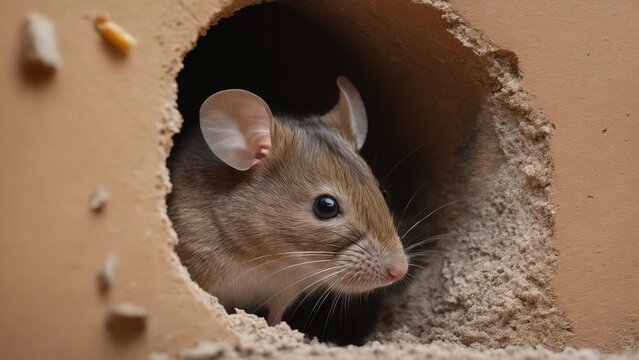 Little mouse in a hole on the wall