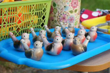 Children's ceramic whistles made of clay. Whistles in the form of birds