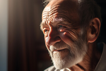 Close-up of a reflective elderly man, deep in thought, with a soft glow on his face, emotive senior portrait.