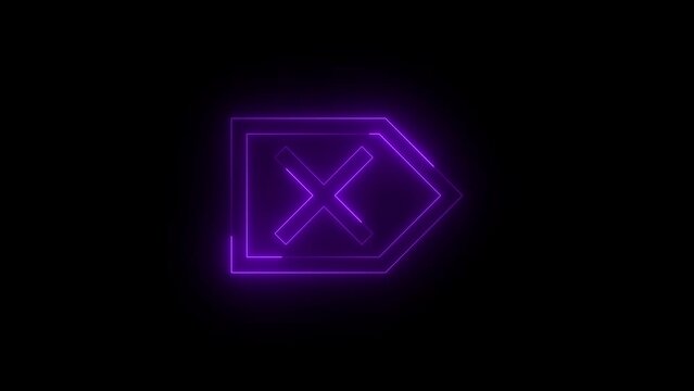 Neon glowing purple color delete key icon animation black background