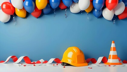 Happy Labor Day or may day decoration background with 1st May and hard hat construction helmet balloon, copy space, 3D rendering illustration banner created with generative ai - obrazy, fototapety, plakaty