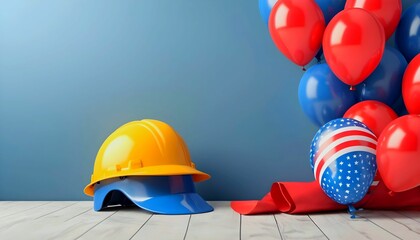 Happy Labor Day or may day decoration background with 1st May and hard hat construction helmet balloon, copy space, 3D rendering illustration banner created with generative ai