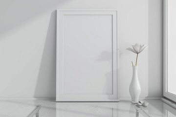 Minimalist room with white frame mockup, glass table, and vase with a flower.