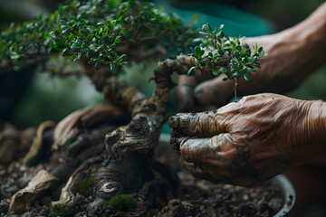 a gardener's hands gently tending to a bonsai tree, pruning its branches and shaping its foliage with meticulous care and attention to detail