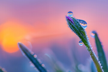 a droplet of morning dew clinging to a blade of grass, catching the first light of dawn and glistening like a precious gem - Powered by Adobe