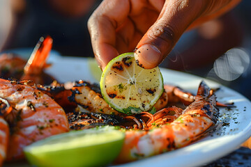a hand squeezing a wedge of lime over a plate of grilled seafood, the tangy citrus enhancing the flavors of the fresh catch and providing a burst of brightness to summer meals