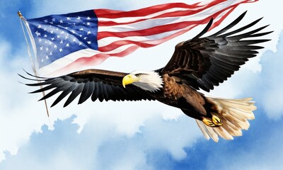 Symbol associated with the country USA, America. Majestic bald eagle soaring high above the American landscape, symbolizing the country's freedom, strength, and unwavering resolve.