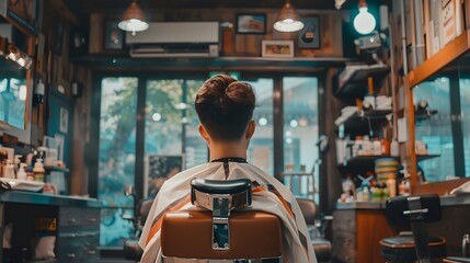 理髪店で髪を切る男性の後ろ姿 - obrazy, fototapety, plakaty