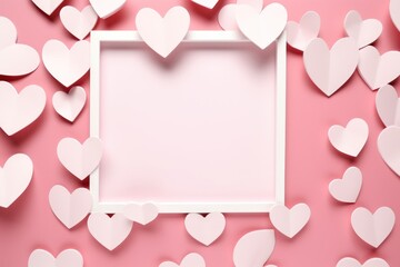 Valentine's Day concept with paper hearts and a pink frame on a pastel pink background. - obrazy, fototapety, plakaty