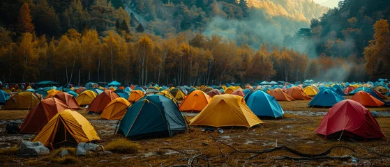 Fototapete Rund A serene, mist-filled scene at a camping site with colorful tents amidst a forest setting, conveying tranquility © Daniel
