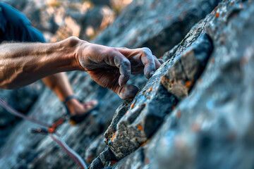 a climber's hands gripping a rocky cliff face, their fingers finding purchase on tiny crevices as they ascend towards the summit