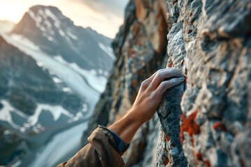 a climber's hands gripping a rocky cliff face, their fingers finding purchase on tiny crevices as they ascend towards the summit - obrazy, fototapety, plakaty