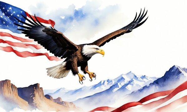 Symbol associated with the country USA, America. Majestic bald eagle soaring high above the American landscape, symbolizing the country's freedom, strength, and unwavering resolve.
