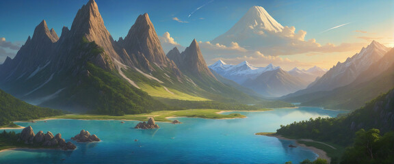 Fototapeta na wymiar the world of warcraft, a fantasy world with mountains and water