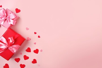 A romantic red gift box tied with a pink ribbon surrounded by heart-shaped paper confetti on a pastel pink background.