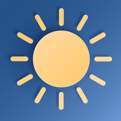 Paper cut sun on blue sky background. Forecast yellow sunshine icon symbol. 3D Papercraft frame icon for posters and flyers, presentation, web, social media, design, banner, forecast and sticker.	
