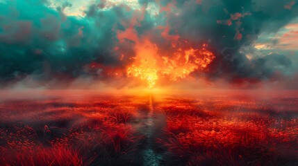Path leads through a field under a dramatic sky ablaze with sunset colors, offering a stunning visual for themes of journeys, hope, and the power of nature. - obrazy, fototapety, plakaty