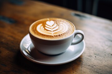 Latte art in a white coffee cup on wooden table