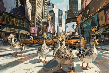 A group of ducks is seen walking across a city street. The ducks are moving together as they navigate through the urban environment, drawing attention from passersby - obrazy, fototapety, plakaty