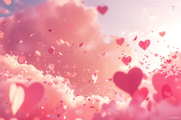 Paper hearts falling through a pink sky, capturing the essence of Valentine's Day.