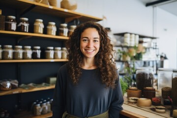 Portrait of a young woman in a herbal shop - obrazy, fototapety, plakaty