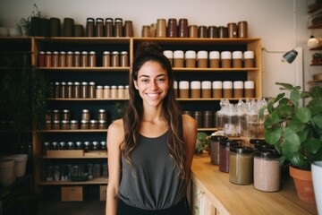 Portrait of a young woman in a herbal shop