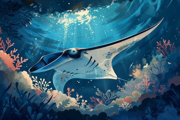 A large manta ray gracefully swims through the ocean depths, its wings elegantly rippling as it navigates the water - obrazy, fototapety, plakaty