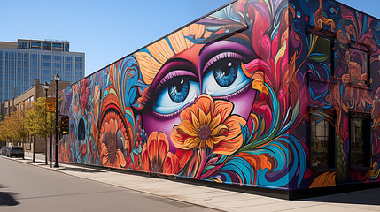Breathtaking mural adorns a city building, a vibrant tapestry of flowers and colors, turning a simple walk into an immersive artistic experience