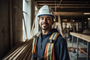 Portrait of a hispanic male construction worker inside a new building site