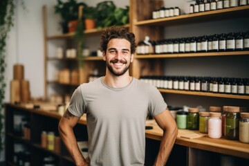 Portrait of a young man in a herbal shop