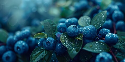 Closeup view of blueberry fruits, with water drops - obrazy, fototapety, plakaty