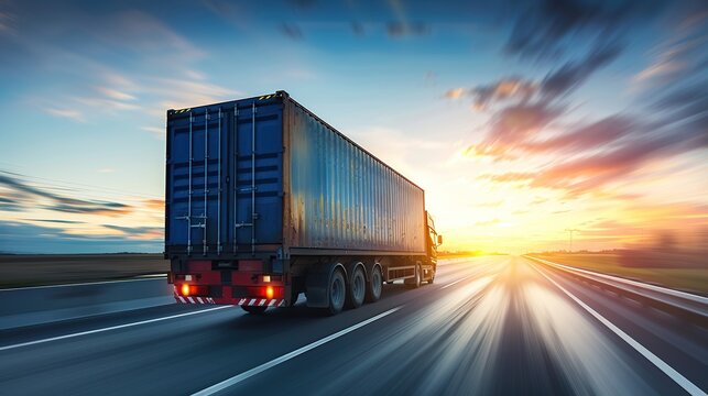 Container truck traveling on a highway with blue sky in the background at sunset
