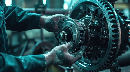 A mechanic is repairing a gears on a broken machine. - obrazy, fototapety, plakaty