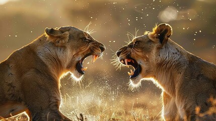 A close-up of two roaring young lions showing their fangs fighting each other - obrazy, fototapety, plakaty