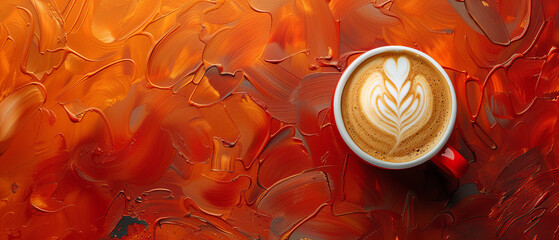 A cup of cappuccino with beautiful latte art on a swirling, vibrant, orange-red abstract painted background - obrazy, fototapety, plakaty