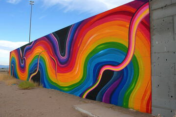 Rainbow graffiti showcasing colors and optical illusions, creating lively urban art.
