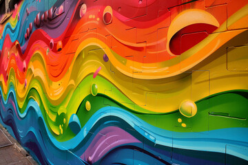 Rainbow graffiti showcasing colors and optical illusions, creating lively urban art.