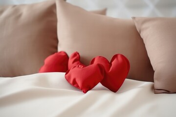 Two red silk fabric hearts on a cream satin bedsheet, depicting a romantic Valentine's Day setting.