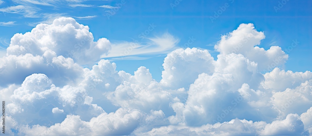 Wall mural a group of fluffy white cumulus clouds floating in the electric blue sky, creating a beautiful natur