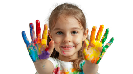 Portrait of a child with hands dirty from paint