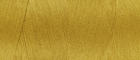 Texture of yellow color threads in spool close up, macro. Wide banner, header of sewing threads...