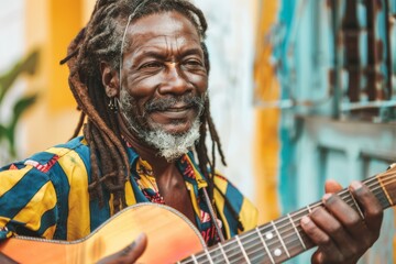 Joyous Rastafarian man with dreadlocks plays guitar on the street, his smile reflecting the soulful...
