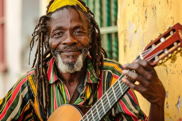 Relaxed Rastafarian musician sits against a vibrant background, playing his guitar and sharing his...