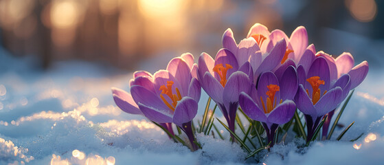 The soft sunset light kisses a group of crocuses, casting a calming glow over the snowy landscape - obrazy, fototapety, plakaty